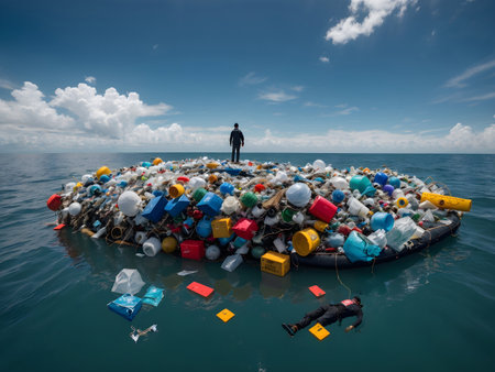 This environmental illustration portrays a man standing on a massive floating island of plastic garbage in the vast ocean. It is a compelling visual for environmental campaigns, educational materials, and projects aimed at advocating for sustainable practices and ocean conservation. Generative AI.の素材