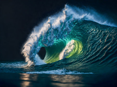 A breathtaking scene of a massive ocean wave curling and crashing against the backdrop of a dark night sky, showcasing the awe-inspiring power and beauty of nature's forces. Generative ai.の素材