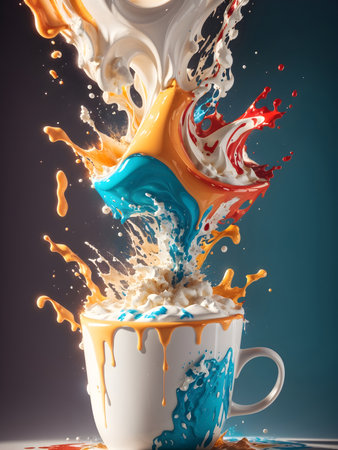 A captivating image capturing the dynamic and powerful splashing of cream and milk into a cup of coffee, creating a delightful and creamy awakening for the senses. Generative AIの素材