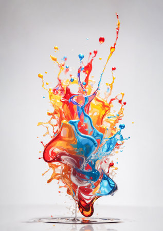 Abstraction of a semi-transparent, multicolored liquid splash over white background.の素材