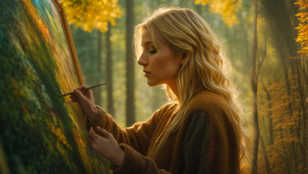 Serene scene of a young woman artistically capturing a forest landscape on canvas, embracing the beauty of nature through her paintbrush. This image captures the harmonious blend of creativity and the peaceful allure of the forest. AI generated image.の素材