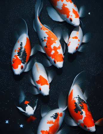 Painting of Koi fish on black starry background in dark water. AI generated image.の素材