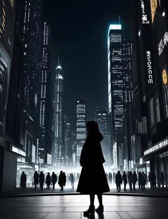 Concept of loneliness in the bustling megapolis as an isolated woman stands in front of the modern city, amidst the downtown district, reflecting the urban solitude that exists within the vibrant metropolis. AI Generated image.の素材
