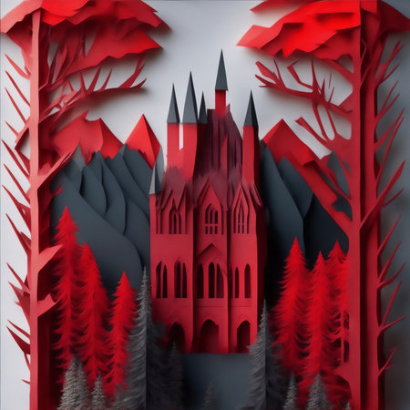 Intricate paper cut-style illustration depicting a castle nestled within a forest, creating a whimsical and magical scene. AI generated image.の素材