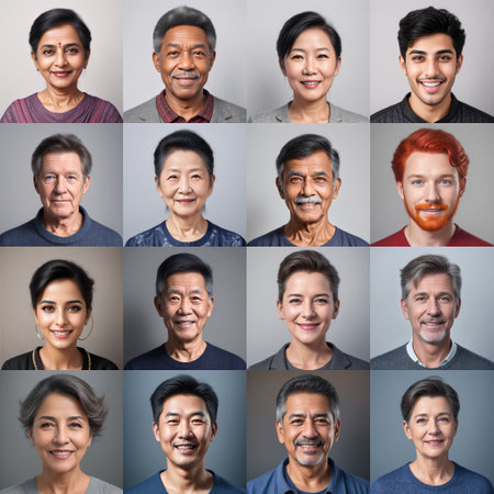 composition featuring a collection of people of various ages, genders, and races, all with beaming smiles. Captures the spirit of unity and happiness. AI generated image.の素材