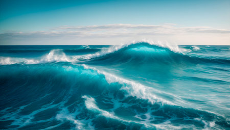 A breathtaking scene of a massive ocean wave curling and crashing against the backdrop of a vibrant blue sky, showcasing the awe-inspiring power and beauty of nature's forces. Generative ai.の素材