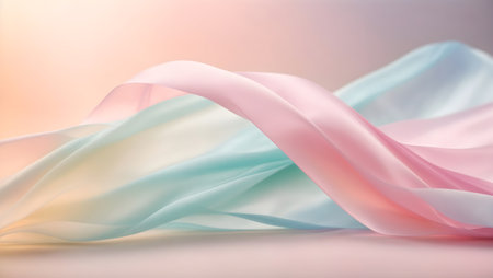 Abstract background with smooth waves of silk stripes soaring through the air. With a pastel palette and muted colors, it offers a serene and calming ambiance.Ideal for web design, print materials, presentations, and more.の素材