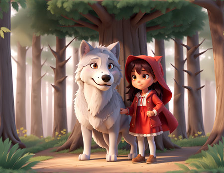 A whimsical cartoon illustration featuring Little Red Riding Hood meeting a big gray wolf on a forest path. Perfect for storytelling and fairy tale-themed projects.の素材