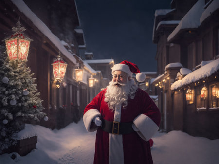 A joyful Santa Claus strolling along a snow-covered city street beautifully decorated for Christmas. Perfect for holiday and festive urban scenesの素材