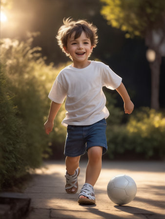 A young boy playing football with a soccer ball in a park. Ideal for sports, childhood, and outdoor activity concepts.の素材