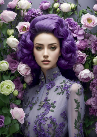 A beautiful young woman face, fashion portrait with flowers surrounding her.の素材