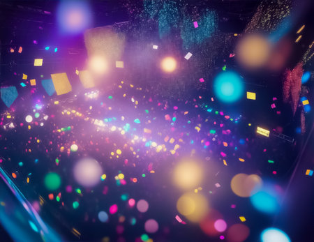 High angle view to the night disco club hall. Flying confetti, blurs, neon lightingの素材