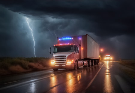 Long Haul Semi-Truck with Cargo Trailer at Night Driving Through Rain. Long range shipping concept.の素材