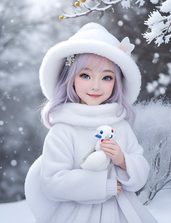 A charming illustration featuring a cute small girl in a white coat in a snowy garden. Perfect for winter, childhood, and seasonal concepts.の素材