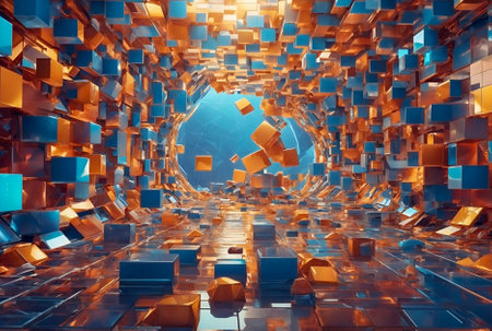 An abstract background featuring vibrant color cubes with futuristic space elements. Ideal for modern design and space-themed concepts. Versatile for various graphic applications.の素材