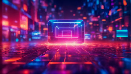 An abstract background featuring vibrant color cubes with futuristic neon glowing elements. Ideal for modern design and space-themed concepts. Versatile for various graphic applications.の素材