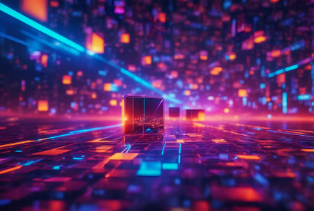 An abstract background featuring vibrant color cubes with futuristic neon glowing elements. Ideal for modern design and space-themed concepts. Versatile for various graphic applications.の素材