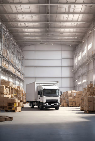 Minimalist image of a white delivery truck parked in a warehouse. Ideal for commercial and logistics-related projects, delivery service advertisements, e-commerce websites, packaging design, transportation-themed graphic designs, and branding materials.の素材