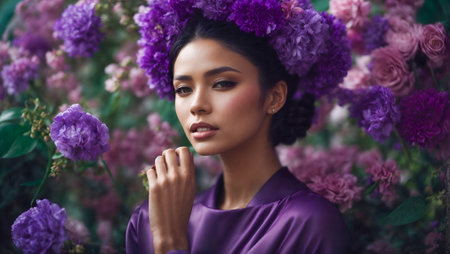 A beautiful young woman face, fashion portrait with flowers surrounding her.の素材