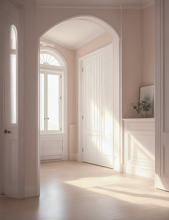 A well-lit entry hall in a minimalist apartment, flooded with natural daylight. Perfect for interior design, home decor, and minimalistic living concepts, showcasing the simplicity and elegance of contemporary living spacesの素材