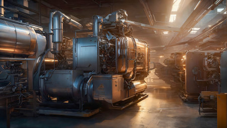 A contemporary factory setting featuring advanced industrial machines in operation. Ideal for manufacturing, industry, and technology concepts, showcasing the efficiency and innovation of modern production facilities.の素材