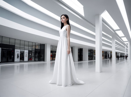 A beautiful young woman elegantly dressed in a long white silk gown. Perfect for fashion, beauty, and elegance concepts, showcasing timeless beauty and style.の素材