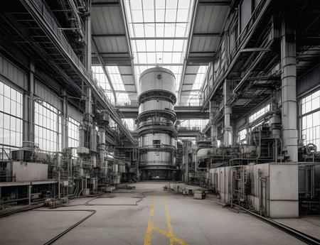 A contemporary factory setting featuring advanced industrial machines in operation. Ideal for manufacturing, industry, and technology concepts, showcasing the efficiency and innovation of modern production facilities.の素材