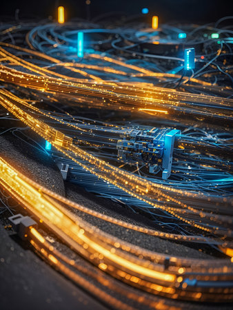An abstract and modern background featuring fiber optic lines and cables arranged in a minimalist and geometric pattern. Ideal for technology, connectivity, and futuristic concepts, showcasing the backbone of modern communication.の素材
