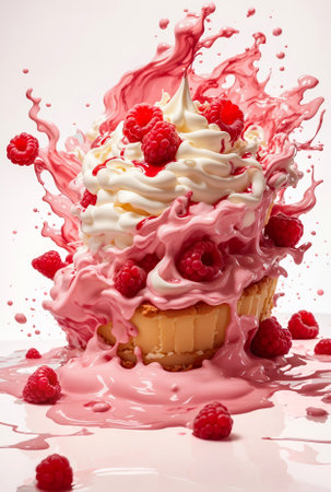 A captivating image capturing the dynamic and powerful splashing of cream and Jam into a tart, creating a delightful and creamy awakening for the senses.の素材