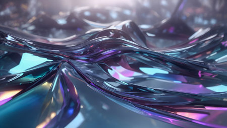 Abstract backdrop featuring transparent glass waves illuminated with neon glow. Perfect for contemporary, artistic, and futuristic concepts, adding a touch of sophistication to your designs.の素材