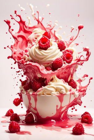 A captivating image capturing the dynamic and powerful splashing of cream and Jam into a tart, creating a delightful and creamy awakening for the senses.の素材