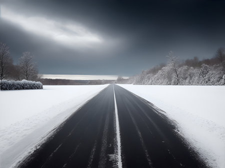 An empty winter countryside road covered in snow, running alongside a serene forest. Perfect for winter, nature, and tranquil concepts, capturing the peaceful essence of a snowy landscape.の素材