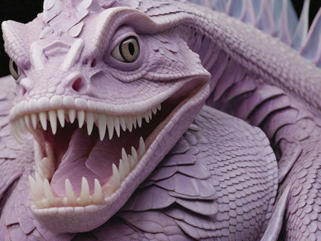 A striking and macabre basilisk featuring stunning mauve-tinted skin, shimmering scales, and menacing razor-sharp fangs, combining elegance with danger in a captivating manner. Perfect for fantasy, creature, and mythical concepts, embodying the essence of a majestic and formidable creature.の素材