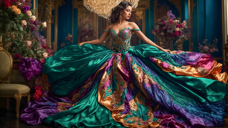 A depiction of a beautiful brunette woman adorned in a flowing silk dress, set within a luxurious Eastern palace interior, exuding elegance and opulence. Ideal for luxury fashion, exotic settings, and opulent lifestyle concepts, portraying a sophisticated and luxurious ambiance in an Eastern palace.の素材