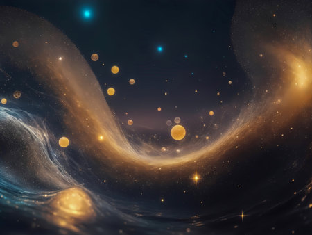 An abstract and cosmic-themed background exhibiting wave-like swirls in space, adorned with stars and planets, creating a celestial and captivating visual. Perfect for space, astronomy, and cosmic concepts, displaying an artistic portrayal of cosmic elements and celestial beauty.の素材