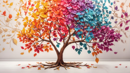 An abstract drawing illustrating a tree adorned with vibrant, colorful leaves set against a white background. Perfect for art, nature, and abstract concepts, for interior wall art.の素材