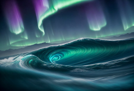 Abstract backdrop featuring transparent glass waves illuminated with neon glow. Perfect for contemporary, artistic, and futuristic concepts, adding a touch of sophistication to your designs.の素材