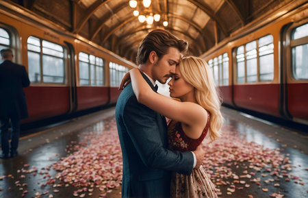 A young man and woman bid each other farewell on the platform near the departing train at the station. Suitable for relationship and travel concepts.の素材