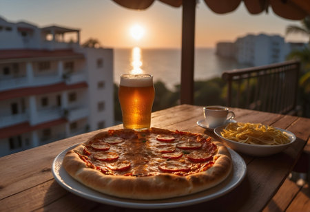 A delectable salami pizza and a frosty mug of beer served on a balcony with a breathtaking ocean beach sunset view. Ideal for food, dining, and sunset relaxation concepts.の素材