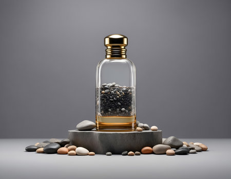 A stylish composition featuring a perfume bottle placed on pebble stones against a neutral gray background. Ideal for fragrance, beauty, and product presentation concepts, highlighting elegance and luxury.の素材