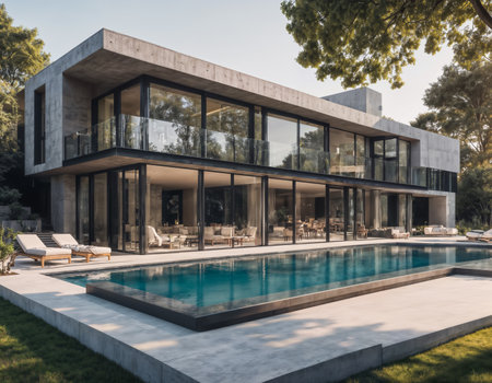 A stunning view of a contemporary luxury villa featuring a beautiful swimming pool. Ideal for showcasing upscale real estate, vacation destinations, and modern living. Perfect for conveying the allure of luxurious accommodations.の素材