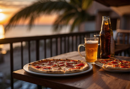 A delectable salami pizza and a frosty mug of beer served on a balcony with a breathtaking ocean beach sunset view. Ideal for food, dining, and sunset relaxation concepts.の素材