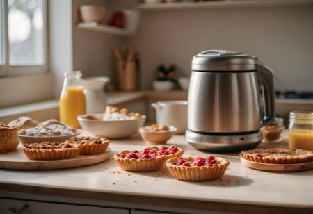 A kitchen table adorned with delectable tarts, embodying the concept of a culinary small home business. Perfect for showcasing custom cakes, pastries, and the artistry behind homemade delights. Ideal for culinary entrepreneurs and custom bakery concepts.の素材