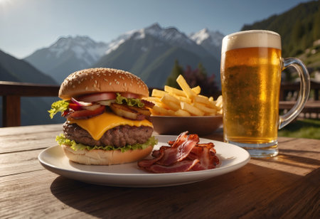 Delicious, tasty hamburgers paired with a frothy mug of beer, all served on a wooden tableの素材