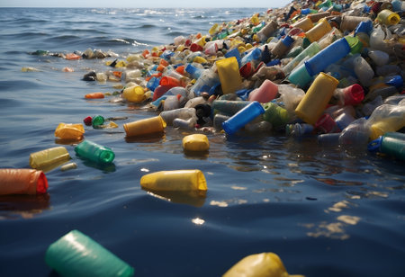 Contrasting reality of a beautiful ocean scene wasted with plastic trash, symbolizing the pressing issue of pollution in our oceans. It is suitable for raising awareness through educational materials, environmental campaigns, and projects focused on marine conservationの素材