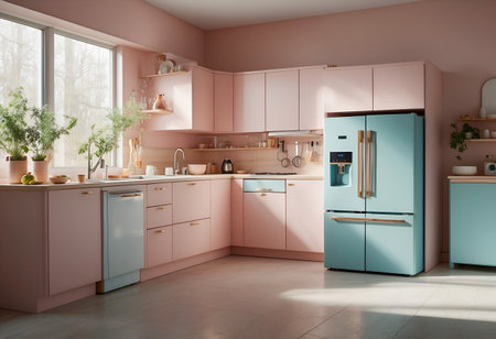A modern pastel colored apartment kitchen interior designの素材