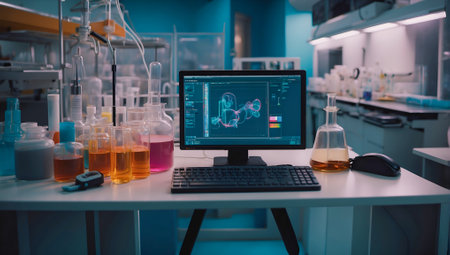A contemporary laboratory environment equipped with scientific glassware and advanced computer systems. Ideal for illustrating scientific research, chemistry, medical science, laboratory experimentation, technology, and innovation.の素材