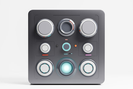 A 3D render mockup featuring a minimalist-styled electronics console adorned with switches, buttons,...