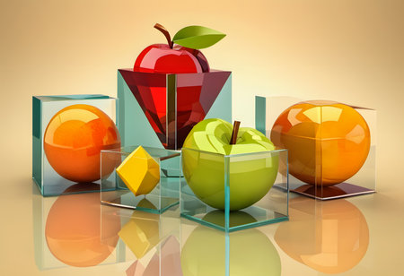 An assortment of glass-made fruits beautifully arranged in a still life setting. Ideal for creative projects, interior decor concepts, or artistic compositions.の素材