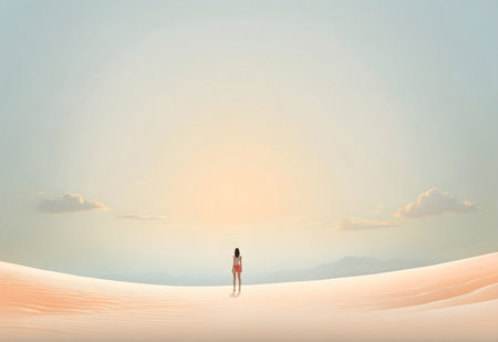 A conceptual illustration portraying a woman standing gracefully on a sand dune against a mesmerizing sunset sky background. Ideal for conveying emotions, solitude, contemplation, wanderlust, and the beauty of nature's twilight moments.の素材